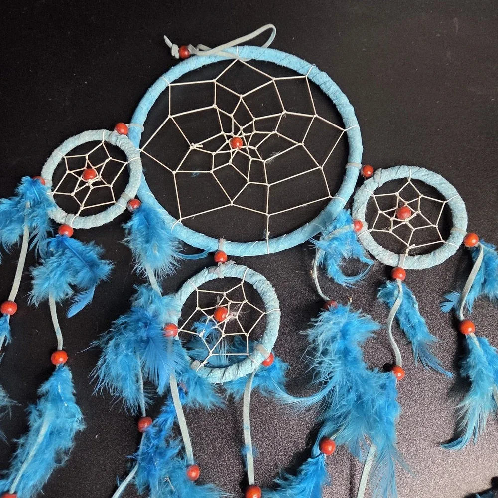 Blue Multi Ring Dreamcatcher Boho Feather Wall Hanging Handmade Decor